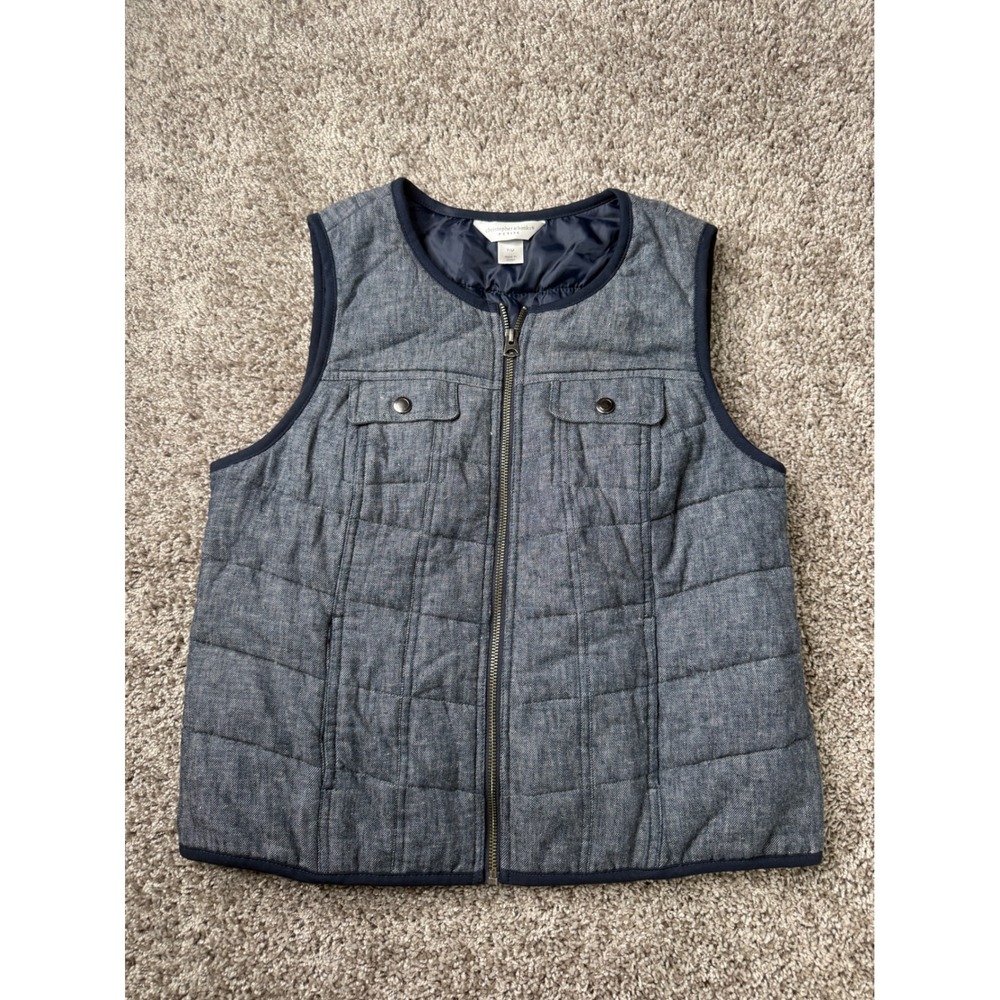 Christopher & Banks Petite M Quilted Linen Cotton Vest Blue Full Zip